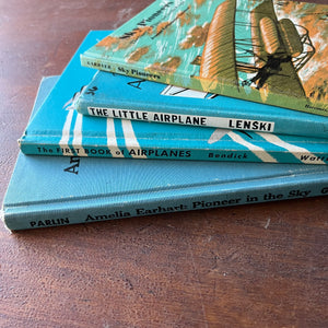Set of Four Beginner Reader & Picture Books About Airplanes-The Little Airplane by Lois Lenski, Amelia Earhart Pioneer of the Sky, Sky Pioneers The Story of Wilbur & Orville Wright, & The First Book of Airplanes-view of the spines