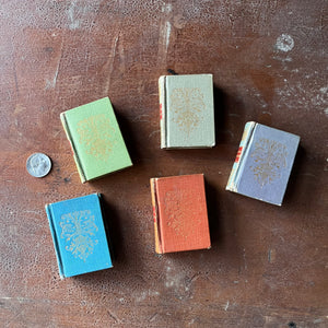 Set of Five Miniature Portuguese Dictionaries-antique tiny books-view of the decorative front covers in pastel colors