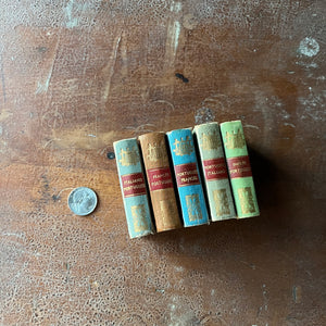 Set of Five Miniature Portuguese Dictionaries-antique tiny books-view of the spines in pastel colors with a red band in the middle with the title in gold