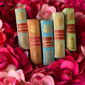 Set of Five Miniature Portuguese Dictionaries-antique tiny books-styled photo of a closeup of the spines nestled in a bed of roses