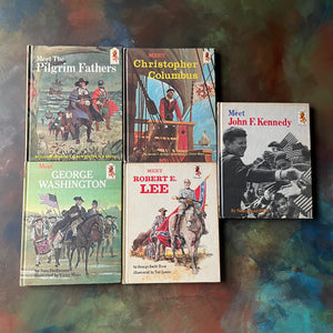 Random House Step Up To Reading History Book Set-Christopher Columbus, Pilgrims, George Washington, Robert E. Lee, John F. Kennedy-vintage children's history books-view of their colorful front covers with full illustrations taking up the entire covers with titles listed as well