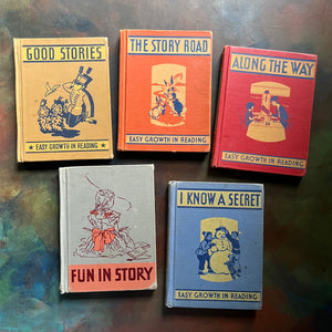 Set of Five Vintage Winston Easy Growth in Reading Schoolbooks-Good Stories-The Story Road-Along the Way-Fun in Story-I Know a Secret-children's school books-view of the front covers