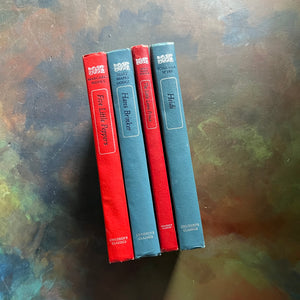 Set of Four Children's Classic Chapter books-Five Little Peppers-Hans Brinker-The Little Lame Prince-Heidi-vintage children's chapter books-view of the red and blue spines with silver writing