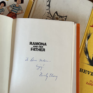 vintage children's chapter books, weekly reader children's book club books - Set of Four Books Written by Beverly Cleary:  Ramona Forever, Ramona & Her Father, Socks & Ribsy - view of Beverly Cleary's Autograph closeup
