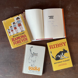 vintage children's chapter books, weekly reader children's book club books - Set of Four Books Written by Beverly Cleary:  Ramona Forever, Ramona & Her Father, Socks & Ribsy - view of the half title page with Beverly Cleary's Autograph