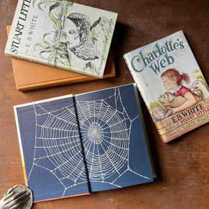 vintage children's chapter books, Garth Williams Illustrations, vintage children's books about animals - Set of Three Books Illustrated by Garth Williams-Charlotte's Web, Stuart Little & The Cricket in Times Square - view of the inside cover of Charlotte's Web - illustration of a spider web