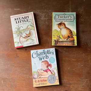 children's chapter books, Newberry Honor Book - Set of Three books illustrated by Garth William - Tucker's Countryside by George Selden, Stuart Little By E. B. White & Charlotte's Web by E. B. White - view of the front covers