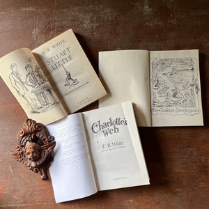 children's chapter books, Newberry Honor Book - Set of Three books illustrated by Garth William - Tucker's Countryside by George Selden, Stuart Little By E. B. White & Charlotte's Web by E. B. White - view of the title pages