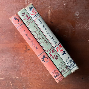 vintage children's history books - Set of Three Landmark Series Books-Ferdinand Magellan, The Louisiana Purchase & The Pony Express - view of the colorful spines