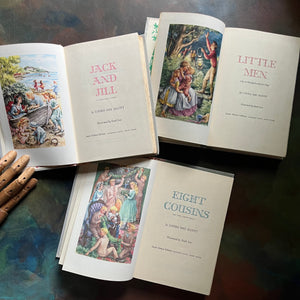 Set of Three Louisa May Alcott Books-Jack & Jill-Little Men-Eight Cousins-junior deluxe editions-vintage children's chapter books-view of the title pages & frontispieces