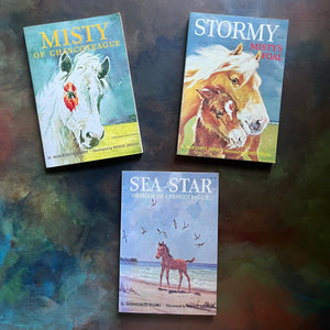 Set of Three Marguerite Henry Horse Books-Misty of Chincoteague-Newbery Honor Book-Welsey Dennis Illustrations-vintage children's books-view of the front covers with illustrations of the horses from each book