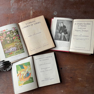 Set of Three Robert Louis Stevenson's A Child's Book of Verses-vintage children's poetry books - view of the title pages & frontispieces two of which are in color