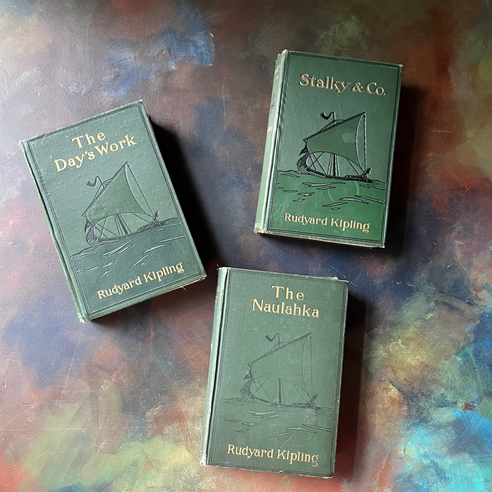 Set of Three Rudyard Kipling Novels-The Day's Work-Stalky & Co.-The Naulahka-vintage fiction-view of the embossed front covers