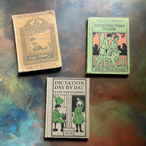 Set of Three Vintage School Books-Dictation by Day, Interesting Things to Know, and The Riverside Readers First Reader-view of the front covers