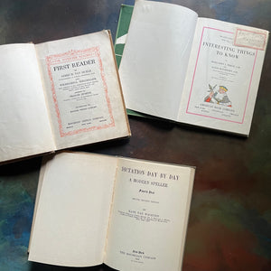 Set of Three Vintage School Books-Dictation by Day, Interesting Things to Know, and The Riverside Readers First Reader-view of the title pages