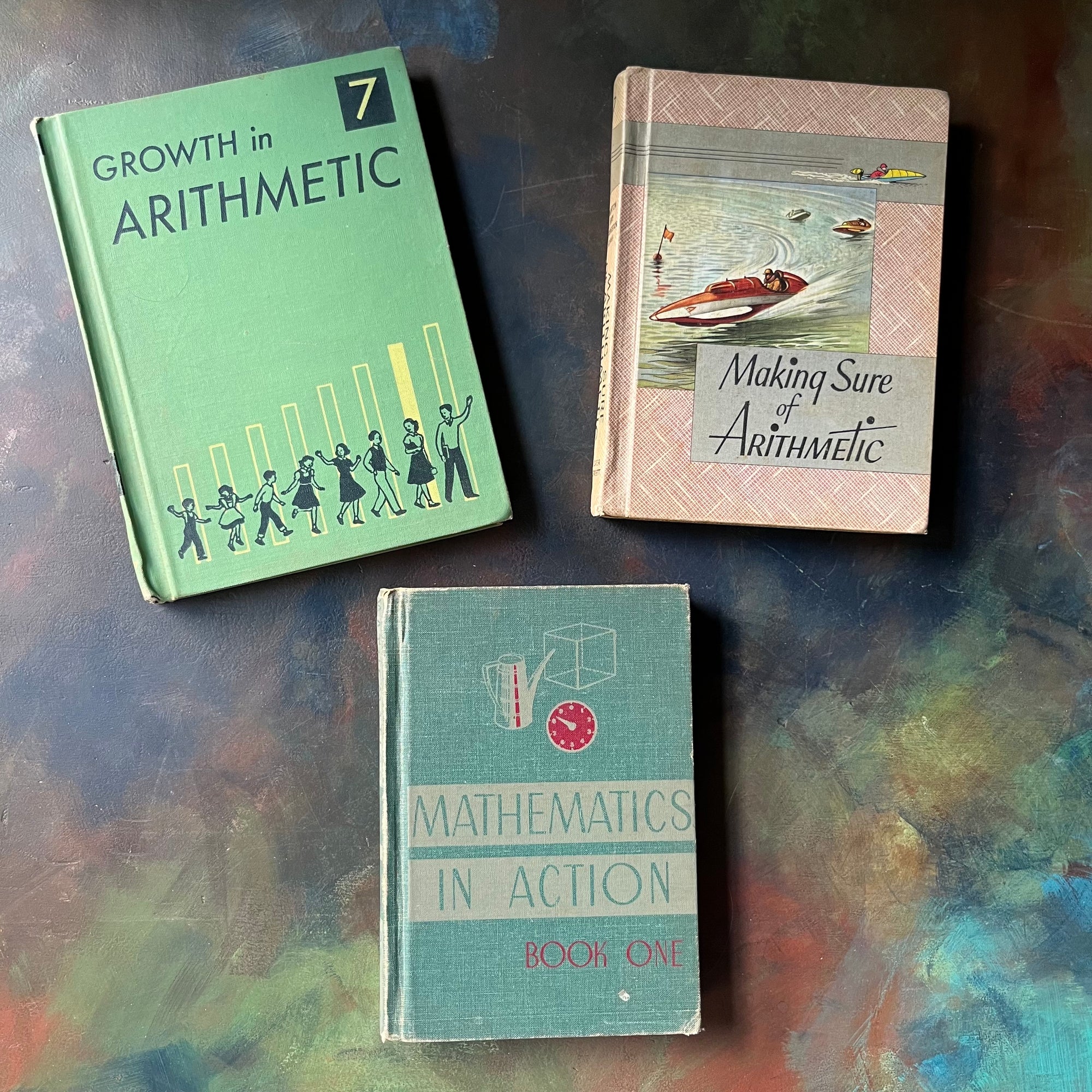 Set of Three Vintage School Mathematics Arithmetic Books-Growth in Arithmetic-Making Sure of Arithmetic-Mathematics in Action-view of the front covers