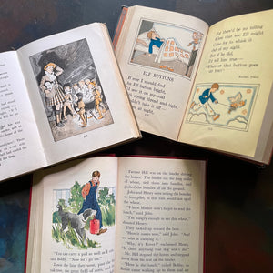 Set of Three Vintage School Readers-Joyful Trails-Story Hour Readers Book Three-The Work-Play Books Friendly Stories-antique school books-view of the illustrations in color within the pages