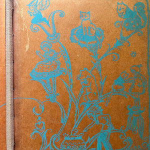 Set of Three Vintage School Readers-Joyful Trails-Story Hour Readers Book Three-The Work-Play Books Friendly Stories-antique school books-closeup of the design on one inside cover in orange & blue showing images of the characters within the book