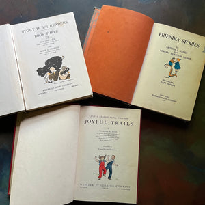 Set of Three Vintage School Readers-Joyful Trails-Story Hour Readers Book Three-The Work-Play Books Friendly Stories-antique school books-view of the title pages