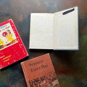 Set of Three Vintage Science Elementary School Books-Science Every Day, Science Fun with Milk Cartons and Science for Work and Play-vintage schoolbooks-view of the back, inside cover of Science Fun with Milk Cartons