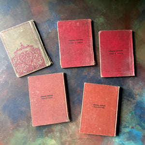 Shabby Vintage School Book Stack-Vintage School Primers Book Set of 5:&nbsp; Child Classics Fourth Reader, Child Classics Second Reader, The Howe Readers A First Reader, The Howe Readers A Primer, and Universal Primer-view of the back covers