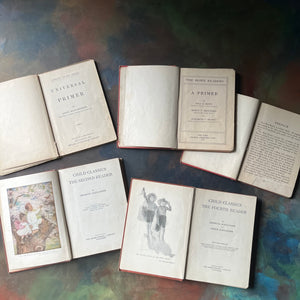 Shabby Vintage School Book Stack-Vintage School Primers Book Set of 5:&nbsp; Child Classics Fourth Reader, Child Classics Second Reader, The Howe Readers A First Reader, The Howe Readers A Primer, and Universal Primer-view of the title pages