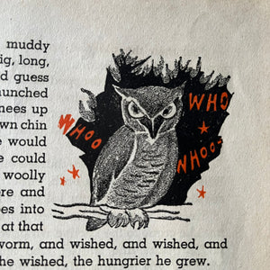 vintage children's story book - Stories of Little Brown Koko written by Blanche Seale Hunt with illustrations by Dorothy Wagstaff - view of an illustration of an owl with the words whoo and who written around the owl in orange