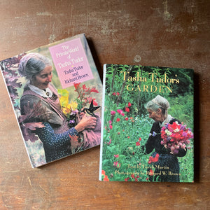 vintage gardening books, vintage biographies, Tasha Tudor - Tasha Tudor's Garden by Tovah Martin with Photographs by Richard W. Brown and The Private World of Tasha Tudor by Tasha Tudor and Richard Brown - view of the dust jacket's front covers