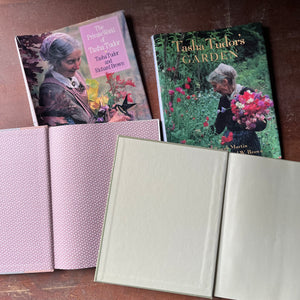 vintage gardening books, vintage biographies, Tasha Tudor - Tasha Tudor's Garden by Tovah Martin with Photographs by Richard W. Brown and The Private World of Tasha Tudor by Tasha Tudor and Richard Brown - view of the inside covers