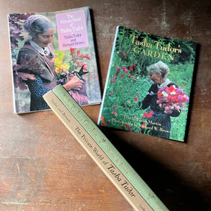 vintage gardening books, vintage biographies, Tasha Tudor - Tasha Tudor's Garden by Tovah Martin with Photographs by Richard W. Brown and The Private World of Tasha Tudor by Tasha Tudor and Richard Brown - view of the spines