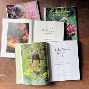 vintage gardening books, vintage biographies, Tasha Tudor - Tasha Tudor's Garden by Tovah Martin with Photographs by Richard W. Brown and The Private World of Tasha Tudor by Tasha Tudor and Richard Brown - view of the title pages