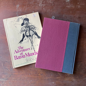 The Adventures of Baron Munchausen by R. E. Raspe with illustrations by Ronald Searle-1969 Edition-Vintage Fantasy-view of the back cover in a cranberry color with a blue spine edge