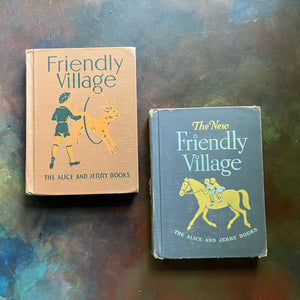 The Alice and Jerry Basic Reading Foundation Series Books-The Friendly Village and The New Friendly Village-vintage schoolbooks-view of the front covers