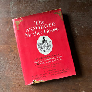 vintage children's stories, vintage children's book, vintage short stories for children - The Annotated Mother Goose with notes by William S. Baring-Gould and Ceil Baring-Gould with illustrations by Maxfield Parrish, Caldecott, Crane & More published in 1962 by Bramhall House, New York - view of the dust jacket's front cover