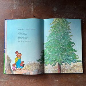 vintage children's picture book, 1980's Children's Literature - The Berenstain Bears' Christmas Tree written & illustrated by Stan and Jan Berenstain - view of the illustrations in the book - this one of a tree in a field with Pa, brother & sister bear looking at it