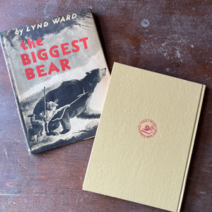 vintage children's picture book, Weekly Reader Children's Book Club Edition, Caldecott Award Winner - The Biggest Bear story and pictures by Lynd Ward - view of the embossed back cover 