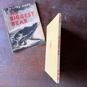 vintage children's picture book, Weekly Reader Children's Book Club Edition, Caldecott Award Winner - The Biggest Bear story and pictures by Lynd Ward - view of the embossed spine