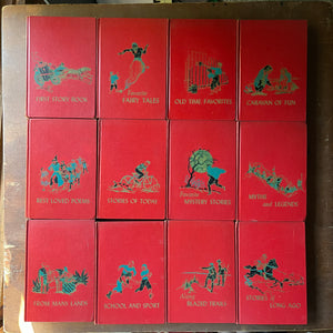 vintage children's storybook set - The Children's Hour Complete 16 Volume Book Set - view of the front covers with images relating to each volume plus the title of each volume