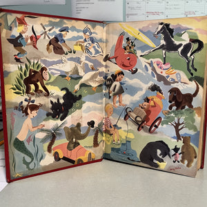 vintage children's storybook set - The Children's Hour Complete 16 Volume Book Set - view of the inside cover - each inside cover is brightly illustrated relating to the theme of the title of that particular volume