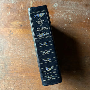 The Complete Works of William Shakespeare-Cambridge University Press-1982 Edition - view of the spine with floral designs all the way down the spine with title written in a gold coloring
