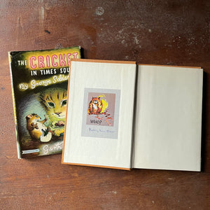 vintage children's chapter book, Newbery Honor Book - The Cricket of Times Square written by George Shelden with illustrations by Garth Williams - view of the inside cover which has a book plate attached with a name written in ink on the bookplate