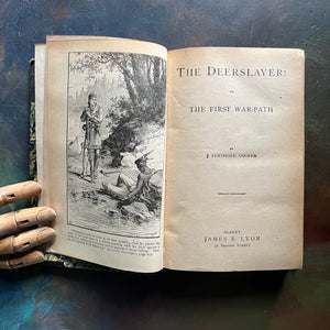 The Deerslayer or The War Path written by James Fenimore Cooper-book five of the leather stocking tales-antique leather-bound book with marbled cover-vintage adventure book for boys-view of the title page