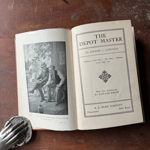 antiquarian book, novel - The Depot Master written by Joseph C. Lincoln with illustrations by Howard Heath - view of the title page