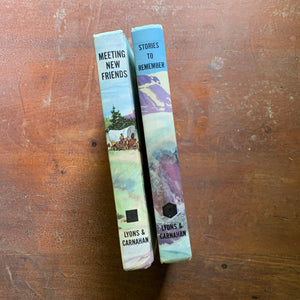 vintage schoolbooks, vintage reading books - The Developmental Reading Series Book Set:  Stories to Remember & Meeting New Friends - view of the spines with the illustration from the front cover wrapping around