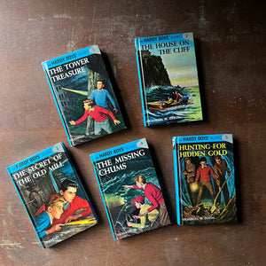 vintage children's chapter books, vintage adventure books for boys - The Hardy Boys Mysteries Starter Set-First Five Volumes written by Franklin W. Dixon - view of the glossy front covers