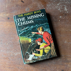 vintage children's chapter book, vintage adventure book for boys, homeschool library - The Hardy Boys Mysteries #4 The Missing Chums written by Franklin W. Dixon - view of the front cover