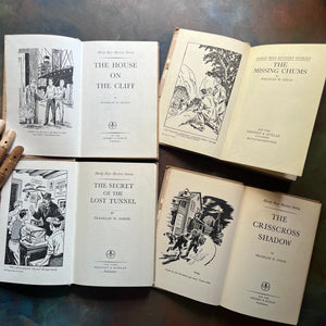 The Hardy Boys Mysteries by Franklin W. Dixon-The House on the Cliff-The Missing Chums-The Crisscross Shadow-The Secret of the Lost Tunnel-children's chapter books-view of the title pages & frontispieces