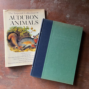 vintage nature art book, vintage art prints - The Imperial Collection of Audubon Animals by John James Audubon - view of the embossed front cover - spine is blue which wraps to the front of the book, while cover is green with a bit of fading at the top from sunlight - the name of the book is embossed near the top in a frame