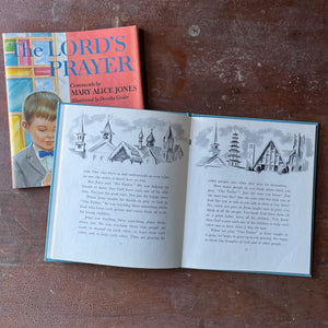 Log Cabin Vintage - vintage children's book, vintage religious book, Learning the Lord's Prayer - The Lord's Prayer Comments by Mary Alice Jones with Illustrations by Dorothy Grider - view of the illustrations of different church steeples from around the world