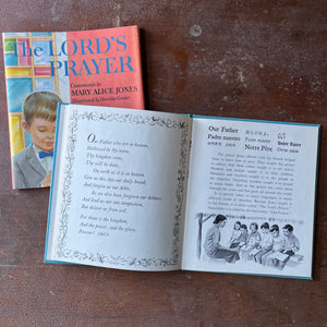 Log Cabin Vintage - vintage children's book, vintage religious book, Learning the Lord's Prayer - The Lord's Prayer Comments by Mary Alice Jones with Illustrations by Dorothy Grider - view of the illustrations of children sitting in a row with a teacher in front of them - also sitting